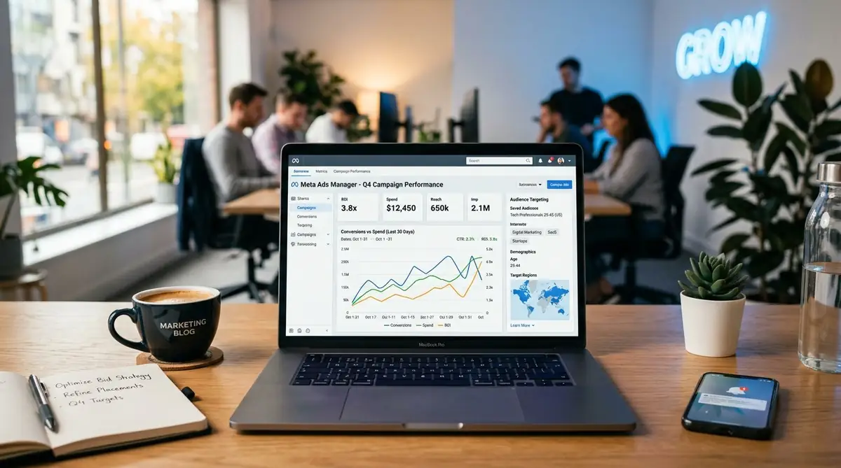Laptop showing a Meta Ads dashboard with targeting and performance charts