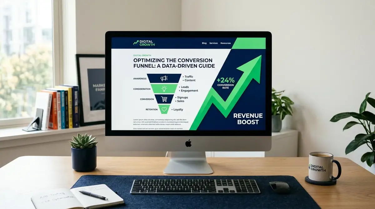 Modern website on a monitor with a conversion funnel and upward growth arrows