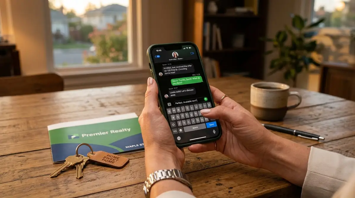 Hands holding a phone with an instant chat reply, property keys on the table