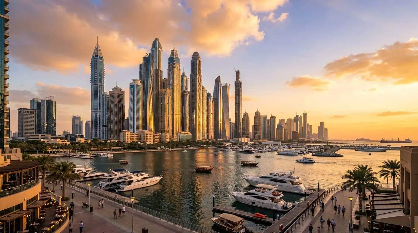 Dubai Marina skyline at golden hour — the UAE property market Tech Visionex helps you win